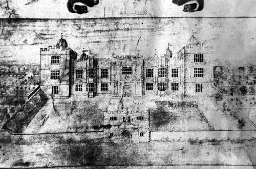 An ancient sketch of Howley Hall, complete with perimetre wall and battlements.