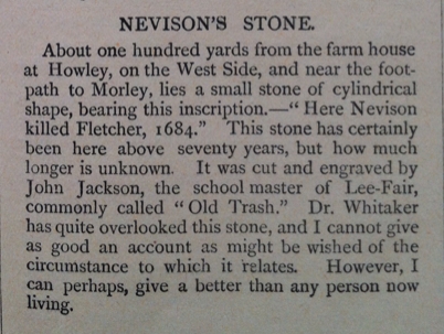Account of Nevisons Stone from page 27 of Howley Hall by Sir John Savile, 19th Century book.