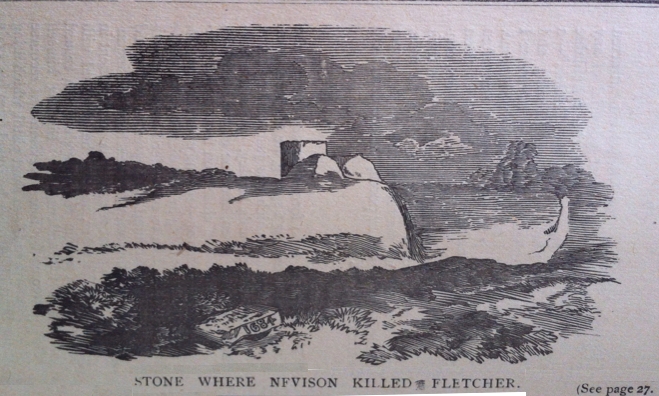 Drawing of the stone where Nevison killed Fletcher, Howley Hall.